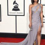 Serayah-McNeill-at-Grammys-2016-red-carpet-in-a-dove-grey-one-shoulder-draped-gown